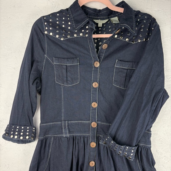 Stetson Denim Button Up Shirt Dress Studded Western Stitching Large Dark Wash 90 - Picture 7 of 10